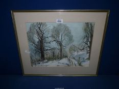 A framed and mounted watercolour titled Verso "Snow in Spring" signed lower right D.K.