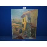 An unframed Oil on board depicting a French house, signed lower right M. Azis.