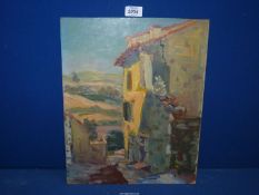 An unframed Oil on board depicting a French house, signed lower right M. Azis.
