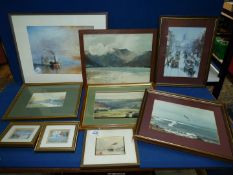 A quantity of framed Prints including sailing ships, mountain scene, watermill,