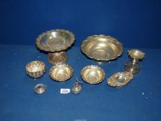 A quantity of possibly continental silver coloured items including bowls, tea strainer, etc.