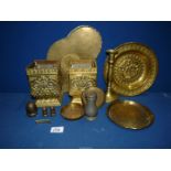 A small quantity of brass including a pair of heavy brass planters, trays, push up candlestick etc.