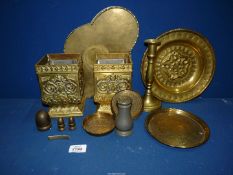A small quantity of brass including a pair of heavy brass planters, trays, push up candlestick etc.