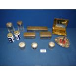 A quantity of metal dressing table sets, one lid silver, gilt metal compact, etc.