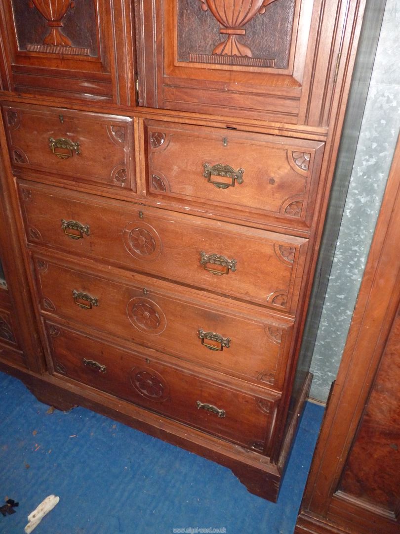 A Walnut & Mahogany wardrobe with carved details, the drawer fronts with floriate details, - Image 2 of 3