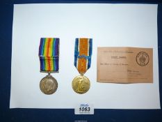 Two World War I Medals to include, The British War medal and The Victory Medal. Awarded to Henry. C.