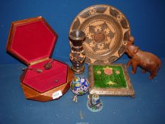 A quantity of miscellanea to include; musical jewellery box, wooden elephant,