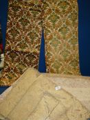 A pair of vintage green and gold velvet curtains, lined 46'' wide x 54'' drop,