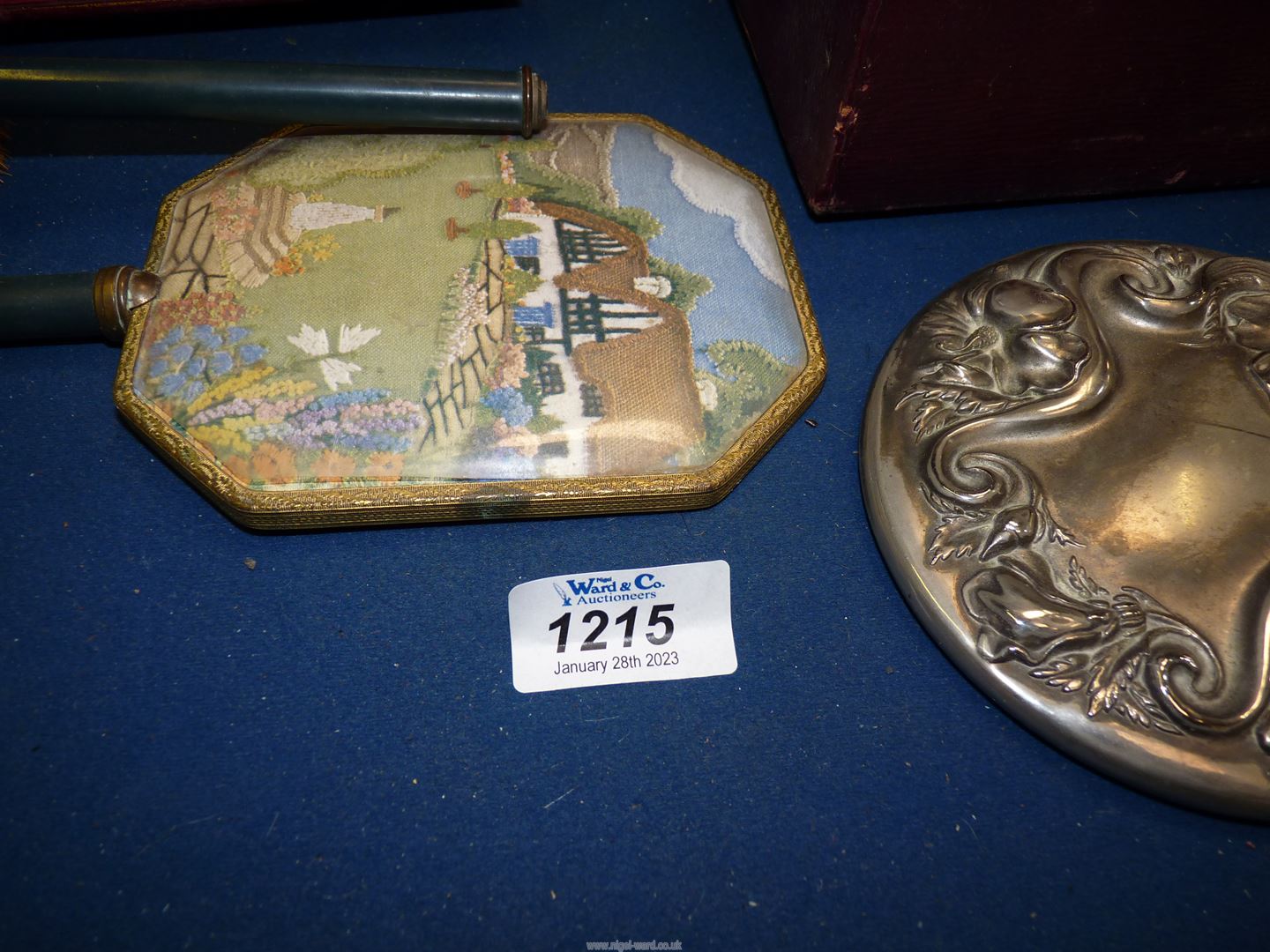 A burgundy leather vanity case with contents a/f., plus embroidered comb and brush set. - Image 2 of 3