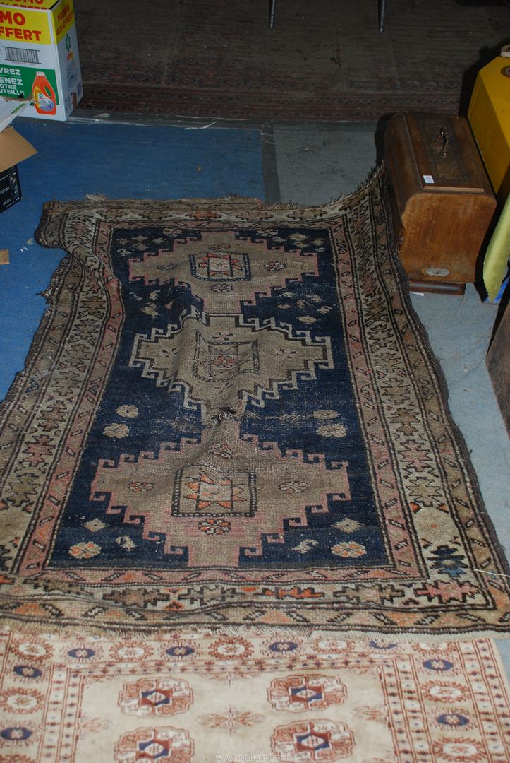 A dark blue and grey rug, a/f ,60'' x 40'' together with a tan ground bordered, - Image 2 of 3