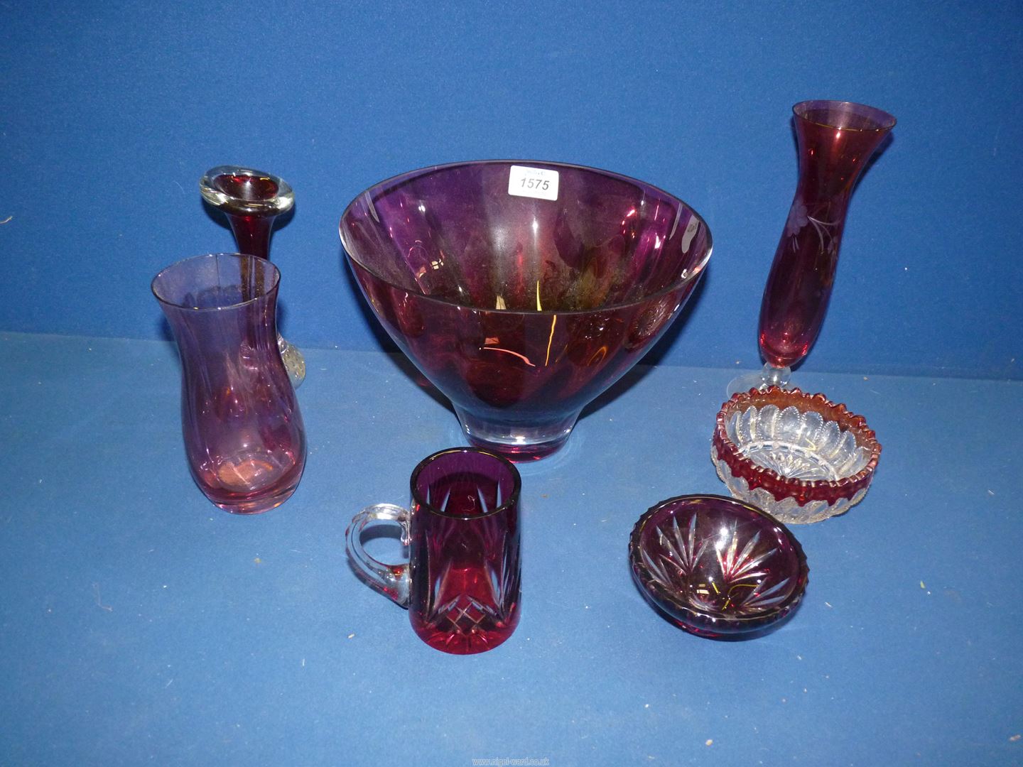 A large Cranberry swirl dish, small tankard, vase and dish.