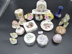 A quantity of lidded pots and Aynsley flower posies together with a Rapport china clock and Jersey