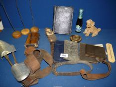 A quantity of miscellanea to include vintage leather belt, dog collar, bottle of Babycham,