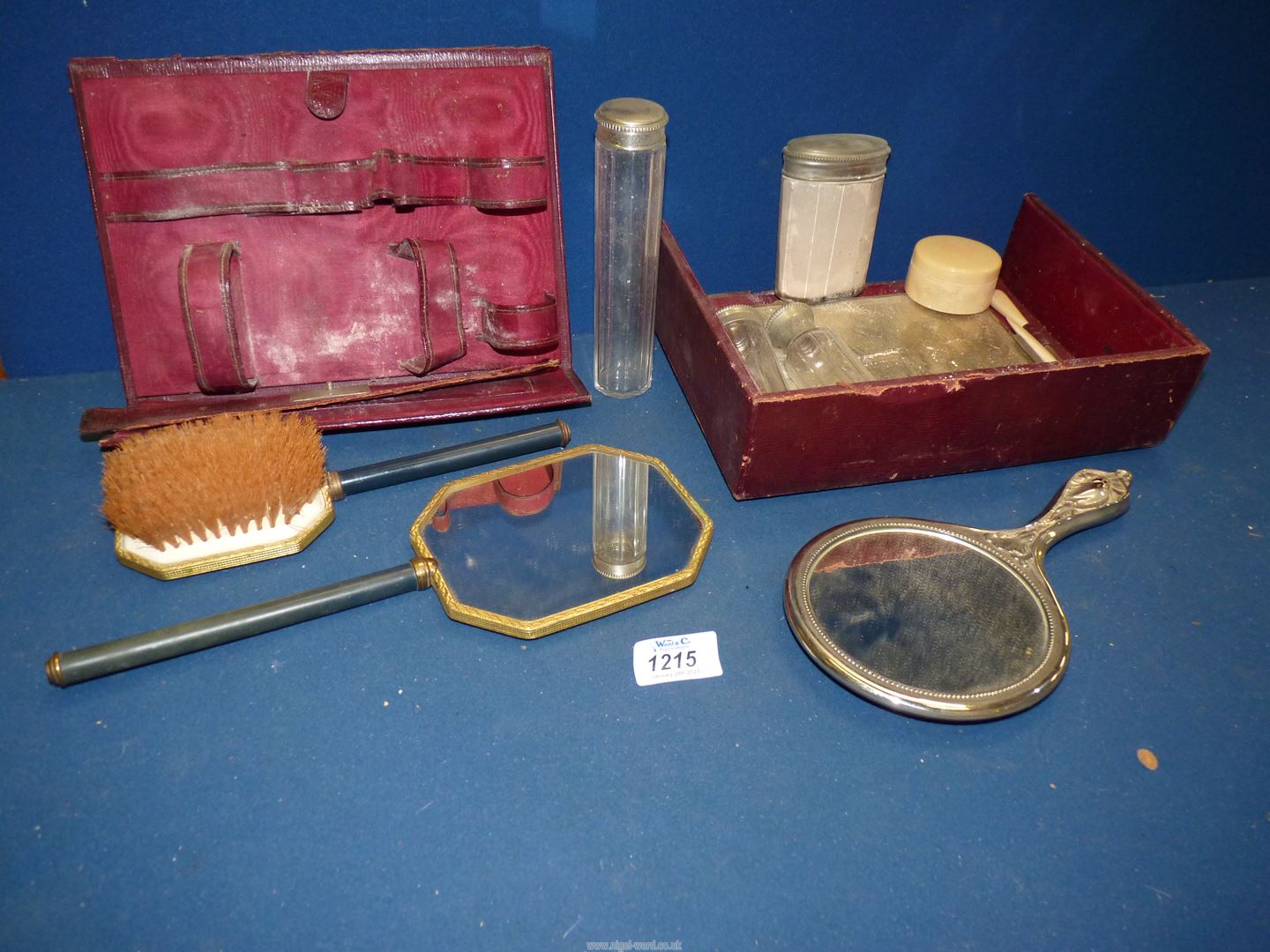 A burgundy leather vanity case with contents a/f., plus embroidered comb and brush set. - Image 3 of 3