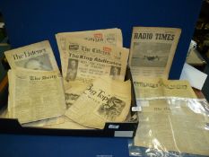 A box of vintage newspapers including: Radio Times July 26, 1946, The Courier 1804,
