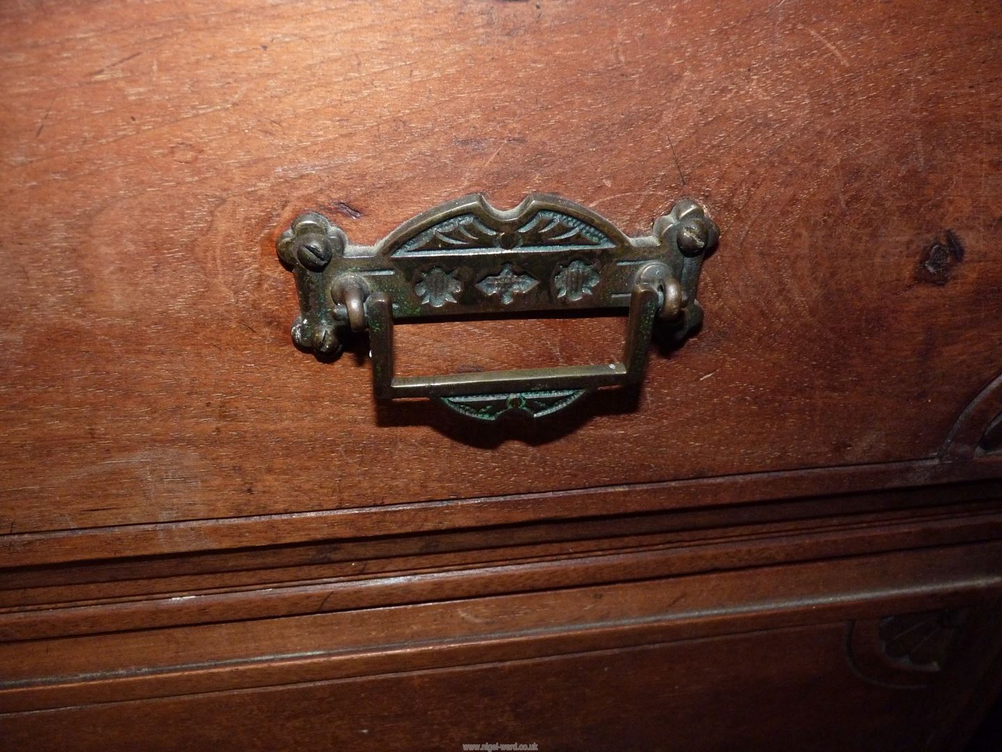 A Walnut & Mahogany wardrobe with carved details, the drawer fronts with floriate details, - Image 3 of 3
