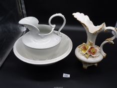 A Capo-di-monte floral jug and Burleighware bedroomware jug and basin.