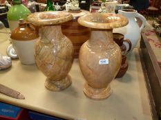A pair of heavy, highly polished marble effect baluster Vases, 16" tall.