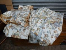 Two pairs Laura Ashley Curtains in muted beige and blue floral pattern of Peonies and blossoms etc