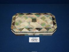 A Mother of Pearl and Abalone box, velvet lined for a manicure set, no contents.