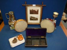 A quantity of miscellanea including two tambourines, pair of castanets,