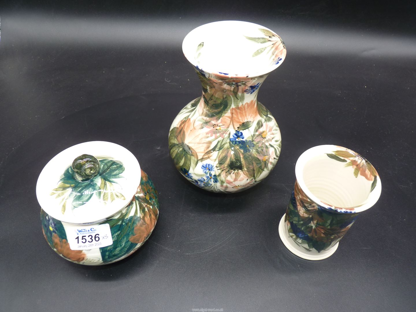 Three pieces of Gwili pottery by J. Davies including two vases and lidded pot. - Image 2 of 3