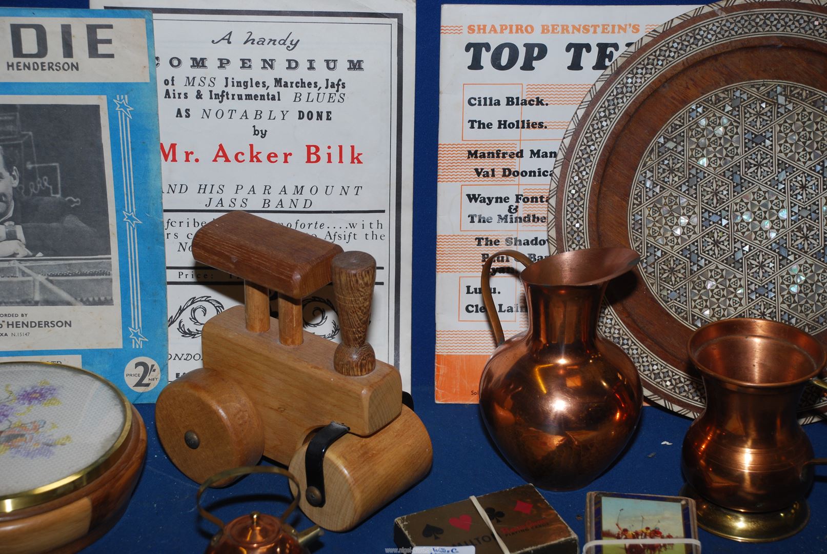 A quantity of miscellanea including small copper ornaments, tankard, jug, treen toy tractor, - Image 3 of 3