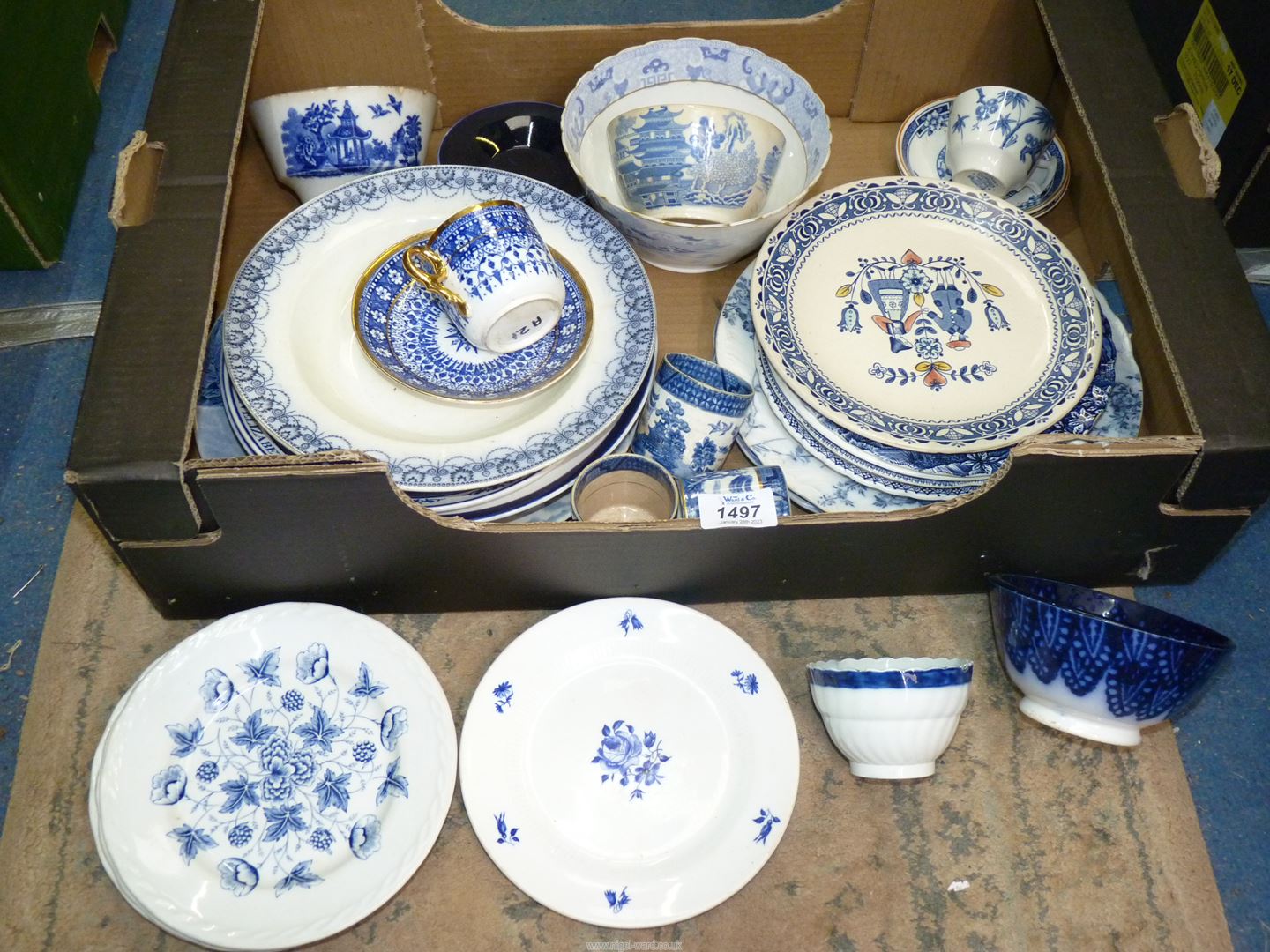 A quantity of blue and white china including Old Chelsea, Myotts, Staffordshire, Booth's : plates,