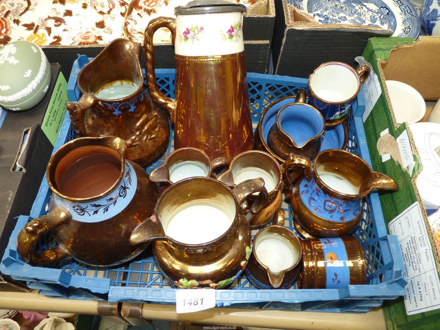 A quantity of copper lustre jugs, bowl, mugs and a swing lid water jug. - Image 2 of 2