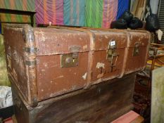 A vintage Travel trunk, bentwood bound, 'GWR' labels, approx. 36" wide x 21" deep x 13" high.