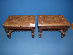 A pair of Oak arts and crafts rectangular Stools standing on turned lets with a twist detail "H"