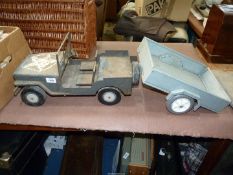 A model vintage Jeep, 20'' long and Trailer, 14" long approx.