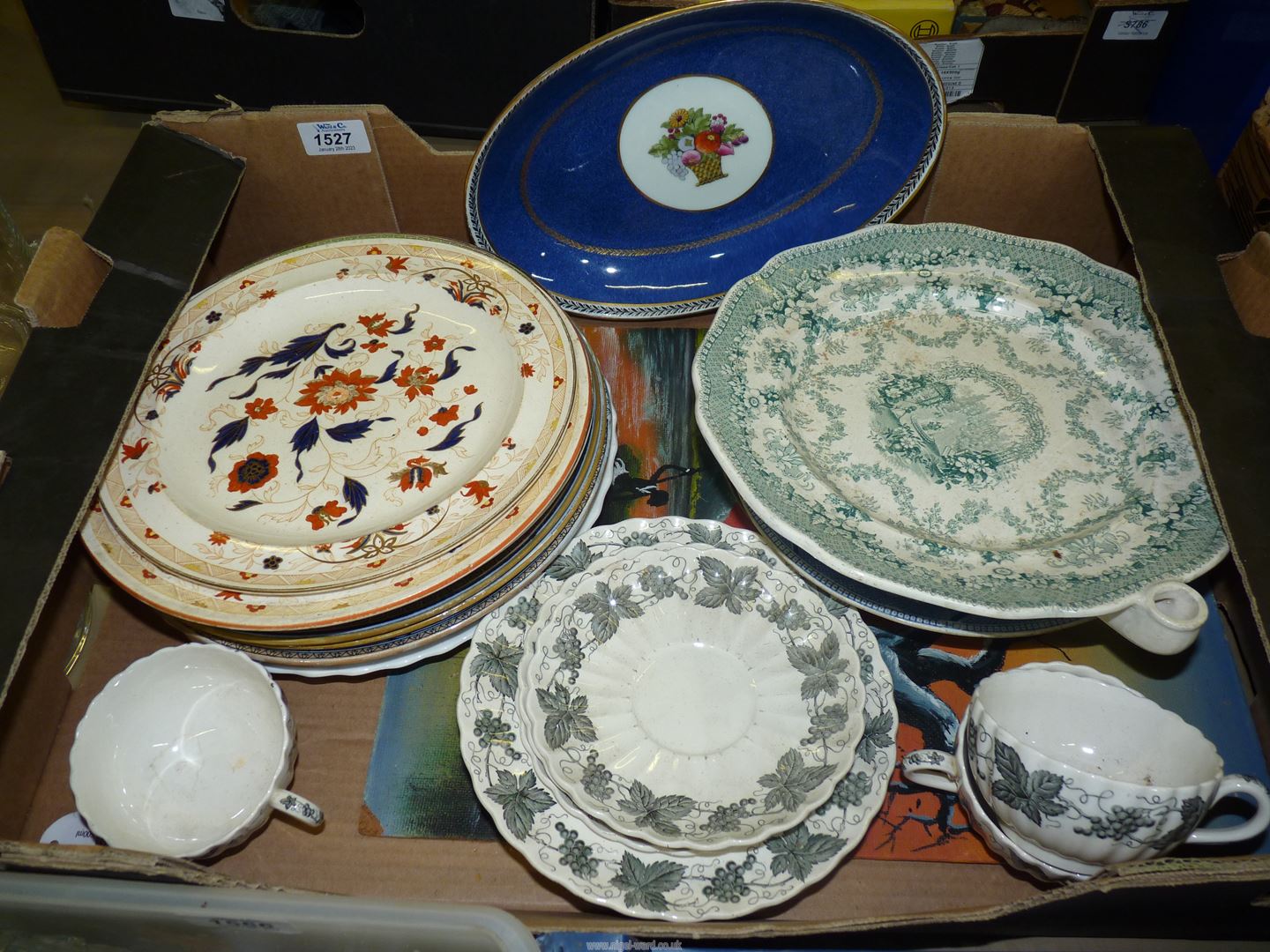 A quantity of china including two Wedgwood plates, Copeland Spode cups and saucers, etc.