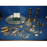 A quantity of silver plate and brass including galleried tray, knives, forks, christening set,