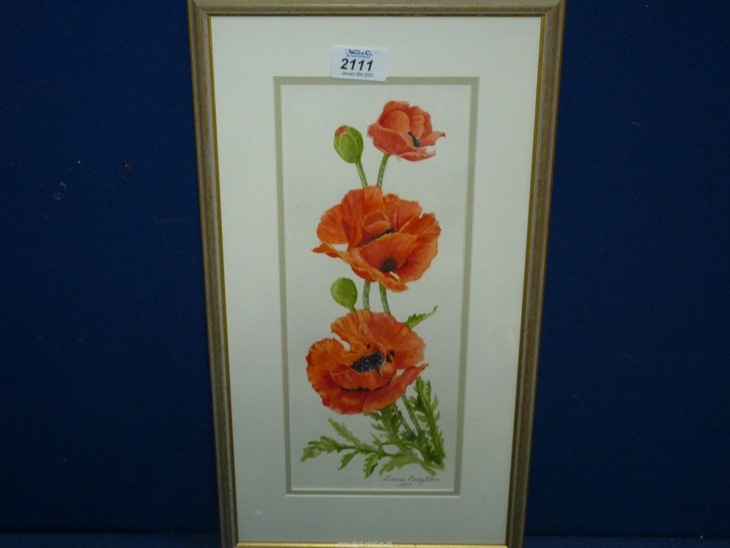 A framed and mounted Watercolour titled 'Poppies', signed Louisa Boughton 1997, 10" x 17 3/4".