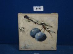 A small unframed Oil on canvas depicting a branch with blue berries, initialed lower right M.A.