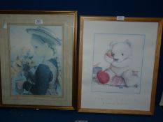 Two framed prints 'Monkey Tricks' by Camilla Ashforth and a young girl in a hat holding a posy of