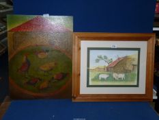 A framed and mounted Watercolour depicting Pigs along with an unframed print on board of Cockerels.