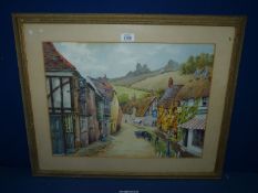 A framed and mounted watercolour of a small town street scene with horse, cart and figures,