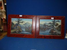 Two wooden framed Oil on board depicting Japanese scenes with applied trees, signed.