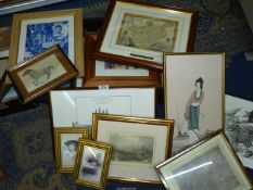 A quantity of Prints to include two prints on fabric of cats and a young lady,