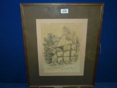 A framed and mounted Pencil sketch of a wooden framed derelict barn, signed lower left, R.