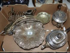 A quantity of E.P.N.S. items including teapots, a bon-bon dish, a toast rack, jug and bowl, etc.