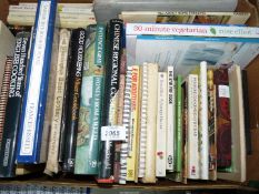 A box of cookery books including 'Farm House Fare', Seven Hundred Years of English Cooking',
