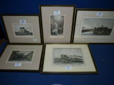 Five framed and glazed Etchings to include City of Worcester (glass a/f), Neath Abbey, etc.