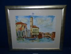 A framed and mounted Watercolour depicting a Venetian scene, no visible signature, 22 1/2" x 18".