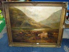 A large framed Oil on canvas depicting Scottish loch landscape with highland cattle,