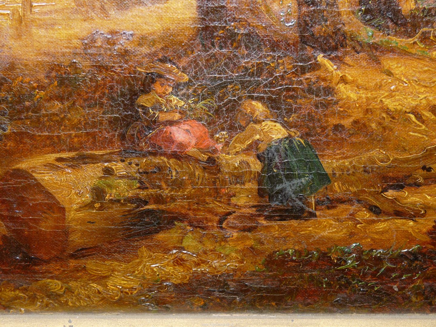 A heavy ornate gilt framed Oil on canvas depicting a woodland scene with two young girls seated by - Image 3 of 5