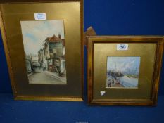 A framed and mounted Watercolour depicting a river scene with figures on the quay and a windmill in