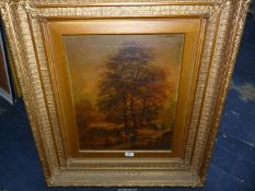 A heavy ornate gilt framed Oil on canvas depicting a woodland scene with two young girls seated by